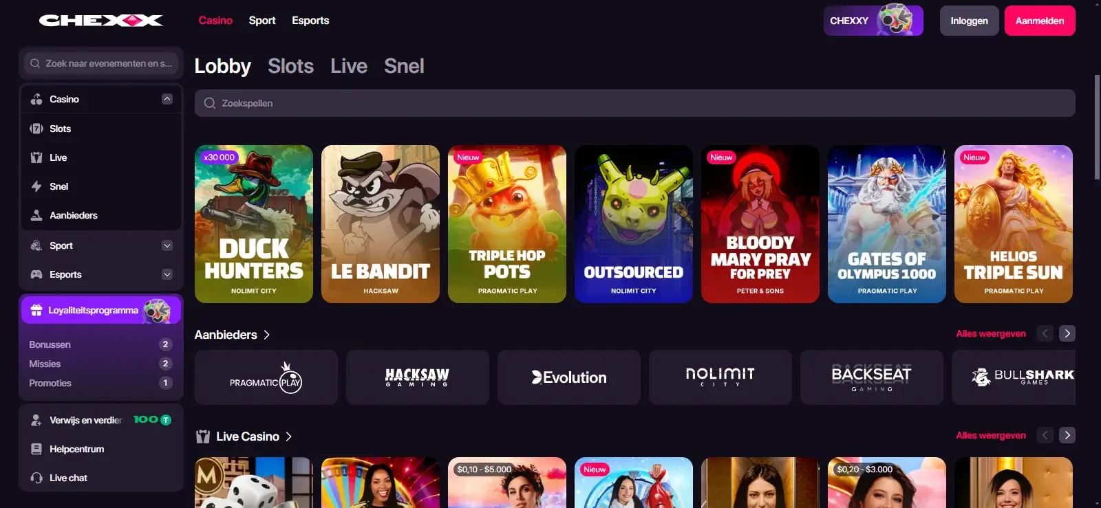 CHEXX casinolobby met spelcategorieën tegels en filters voor slots