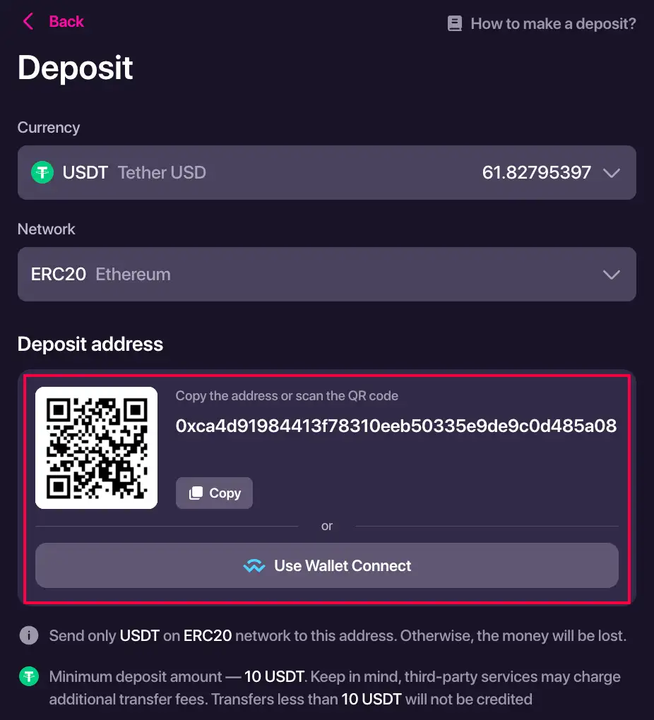 CHEXX stortingsvenster met cryptoactiva netwerken en afgeschermd walletadres
