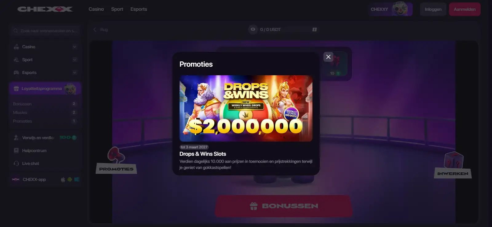 CHEXX bonusoverzicht met drie stortingsniveaus en aantallen gratis spins